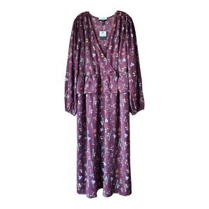 ELOQUII Elements Plus 26 Midi Dress Floral Wine Peplum Waist Long Sleeve NEW NWT